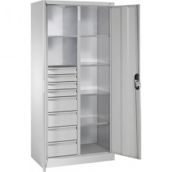 Flugelturenschrank B930xT500xH1950 mm RAL 7035, 8 Schubladen mit Trennwand,6Fachboden