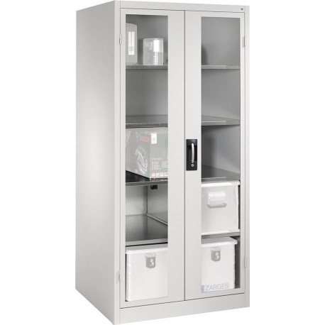 Flugelturenschrank XXL B930xT800xH1950 mm RAL 7035, 4 Fachboden Turen mit Sichtfenster