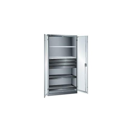 Flugelturenschrank B1000xT580xH1950mm RAL 7035,Vollblechtur 4 Boden,3Schubladen