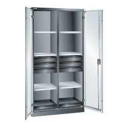 Flugelturenschrank B1000xT580xH1950mm RAL 7035,Vollblechtur 8 Boden,6Schubladen