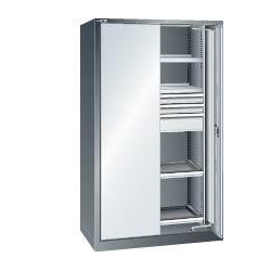 Einschwenkturenschrank B1100xT641xH1950mm RAL 7035,Vollblechtur 4 Boden,3 Schubladen