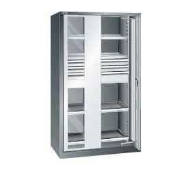 Einschwenkturenschrank B1100xT641xH1950mm RAL 7035,Sichtfenstertur 4 Boden,3 Schubladen