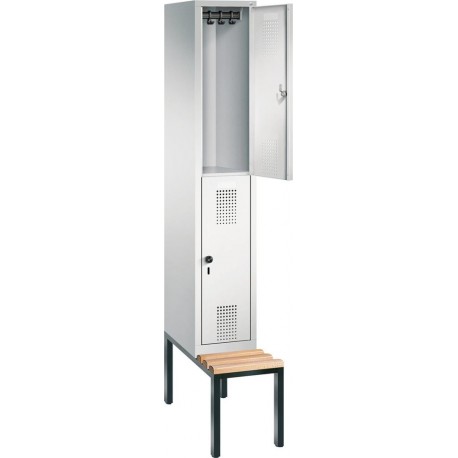 Doppelst. Schrank EVOLO B320xT500xH2090 mm RAL 7035/7035, 1x2Abteilemit untergeb. Sitzbank