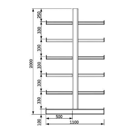 Kragarmregal ATLAS ST B2700xT2x500xH2000 mm doppelseitig RAL 5010 2x5 Arme Traglast 200kg